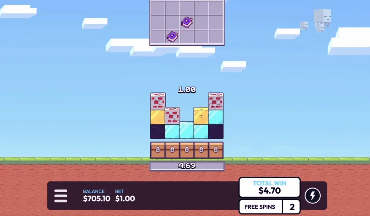 Screenshot of the Mine Slot game showing a Minecraft-style sky background with block symbols stacked in the centre, a payout value below, and a bottom HUD displaying balance, bet amount, total win, and remaining free spins.